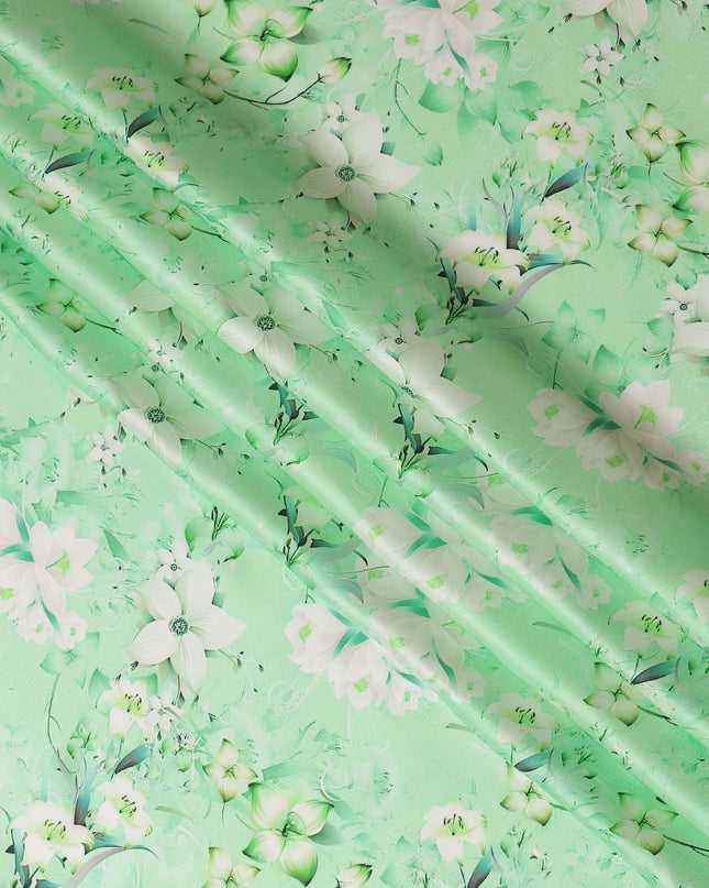 Mint Green Floral Pure Silk Satin Fabric - 140 cm Width, Made in Italy-D20735