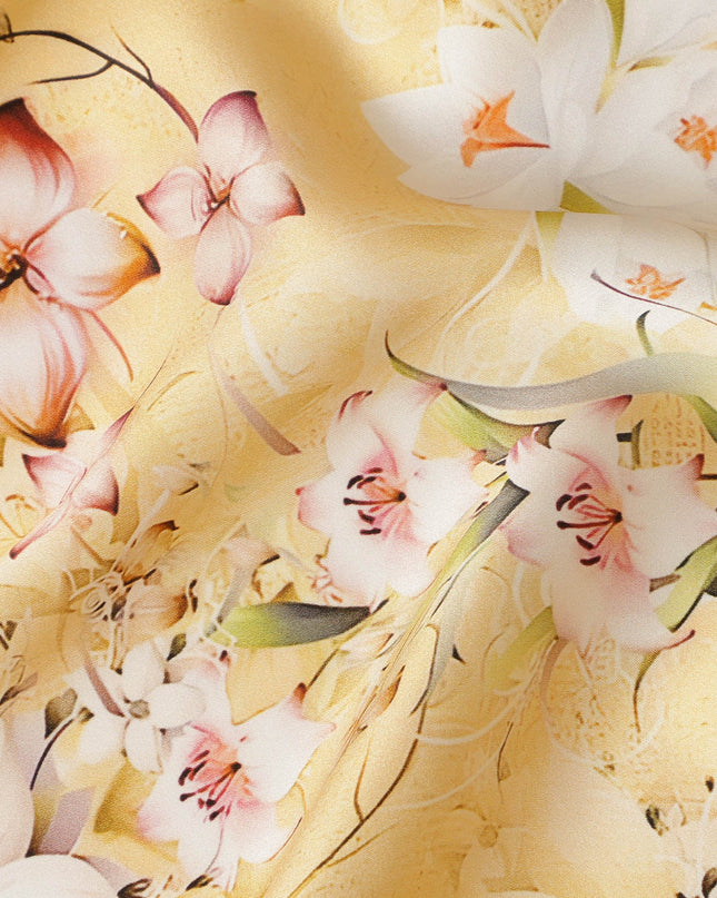 Golden Yellow Floral Pure Silk Satin Fabric - 140 cm Width, Made in Italy-D20736