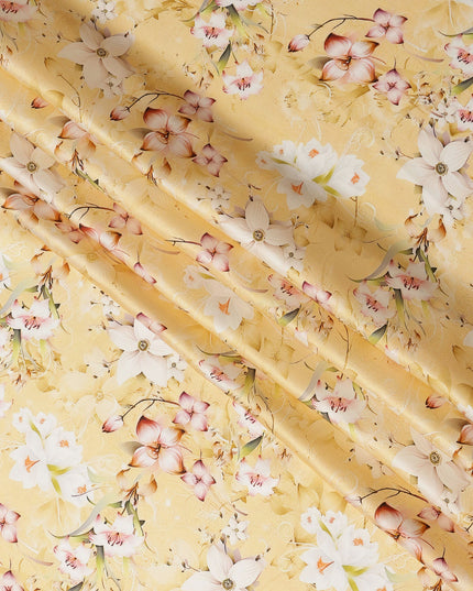 Golden Yellow Floral Pure Silk Satin Fabric - 140 cm Width, Made in Italy-D20736