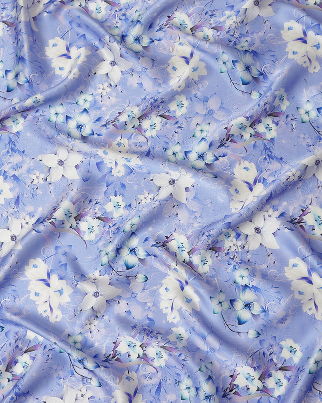 Lavender Blue Floral Pure Silk Satin Fabric - 140 cm Width, Made in Italy-D20737