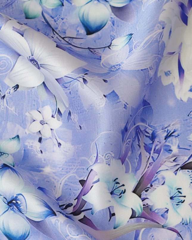 Lavender Blue Floral Pure Silk Satin Fabric - 140 cm Width, Made in Italy-D20737