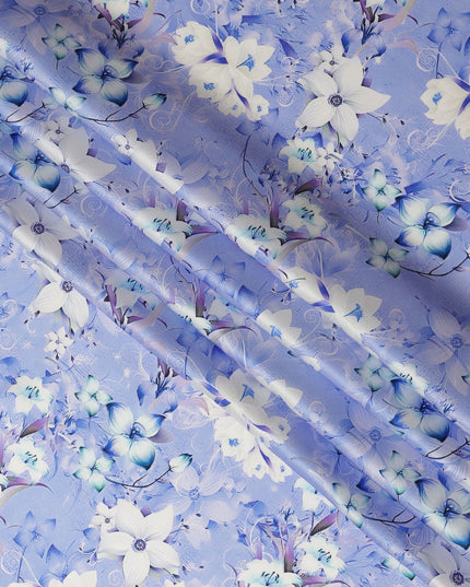 Lavender Blue Floral Pure Silk Satin Fabric - 140 cm Width, Made in Italy-D20737