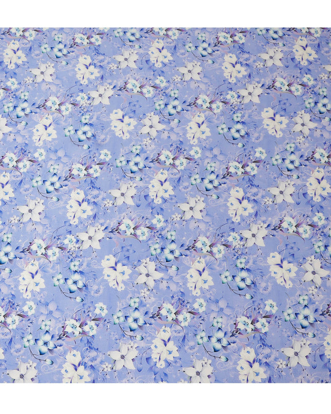 Lavender Blue Floral Pure Silk Satin Fabric - 140 cm Width, Made in Italy-D20737