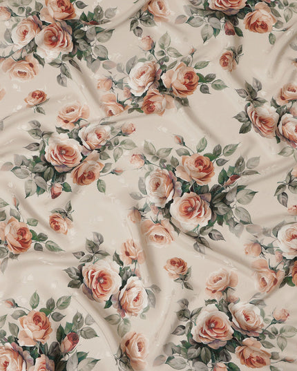 Beige Rose Floral Pure Silk Satin Fabric - 140 cm Width, Made in Italy-D20738