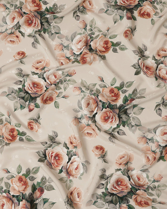 Beige Rose Floral Pure Silk Satin Fabric - 140 cm Width, Made in Italy-D20738