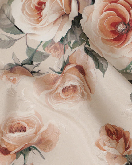 Beige Rose Floral Pure Silk Satin Fabric - 140 cm Width, Made in Italy-D20738