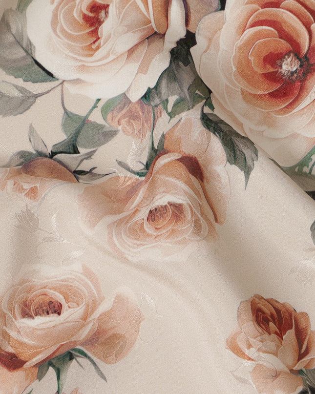 Beige Rose Floral Pure Silk Satin Fabric - 140 cm Width, Made in Italy-D20738