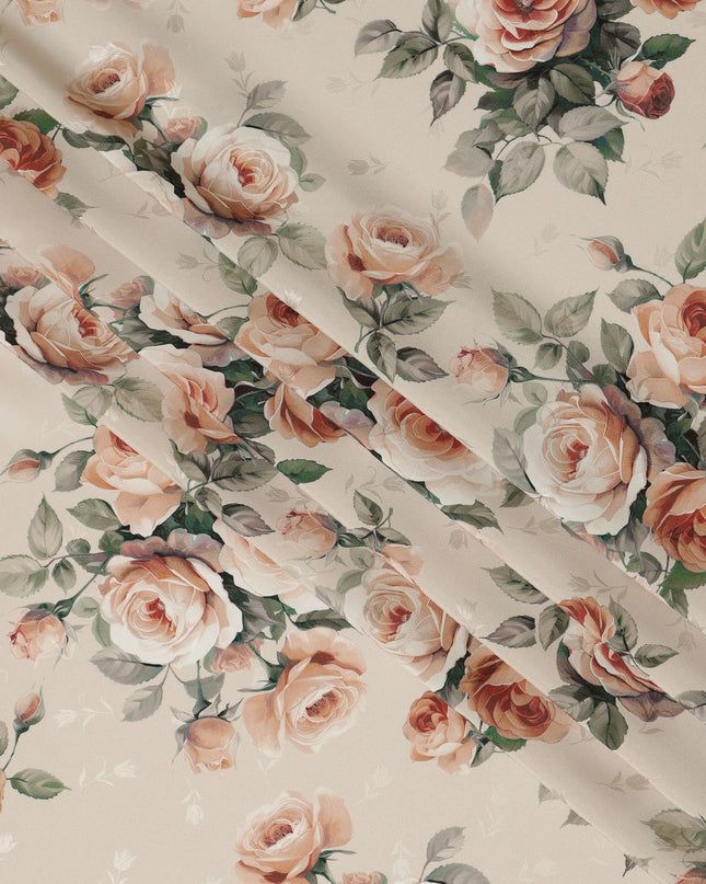 Beige Rose Floral Pure Silk Satin Fabric - 140 cm Width, Made in Italy-D20738