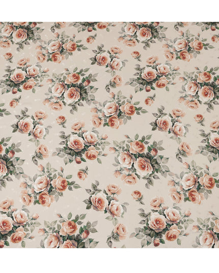 Beige Rose Floral Pure Silk Satin Fabric - 140 cm Width, Made in Italy-D20738