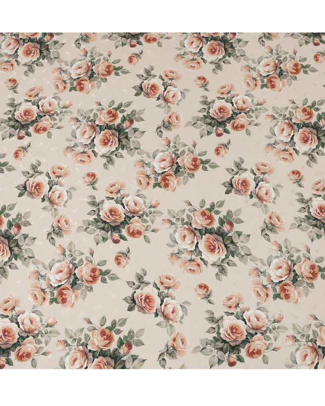 Beige Rose Floral Pure Silk Satin Fabric - 140 cm Width, Made in Italy-D20738