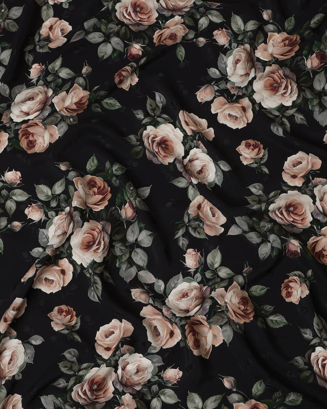 Black Rose Floral Pure Silk Satin Fabric - 140 cm Width, Made in Italy-D20739