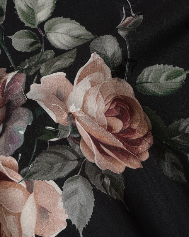 Black Rose Floral Pure Silk Satin Fabric - 140 cm Width, Made in Italy-D20739