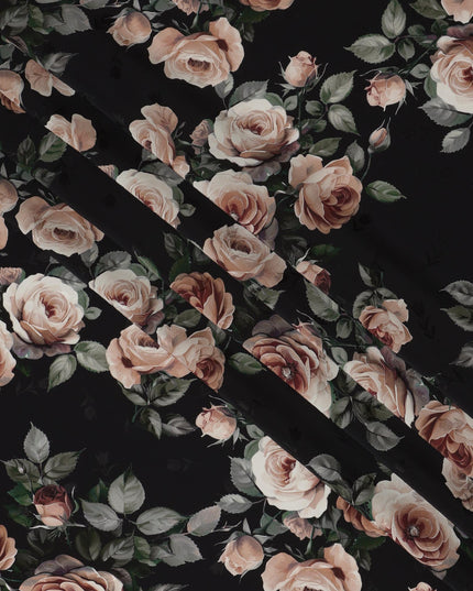 Black Rose Floral Pure Silk Satin Fabric - 140 cm Width, Made in Italy-D20739