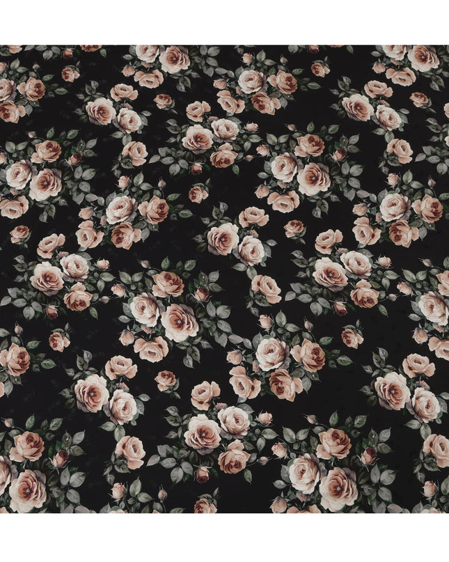 Black Rose Floral Pure Silk Satin Fabric - 140 cm Width, Made in Italy-D20739