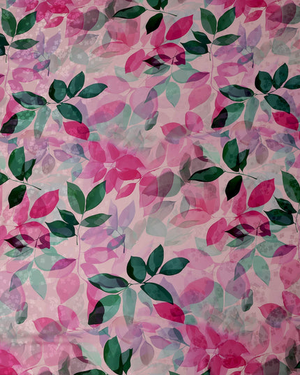 Pink and Green Leaf Print Pure Silk Satin Fabric, 140 cm Width, Made in Italy -D21156