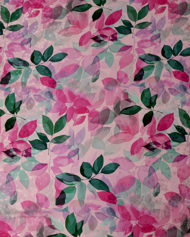 Pink and Green Leaf Print Pure Silk Satin Fabric, 140 cm Width, Made in Italy -D21156