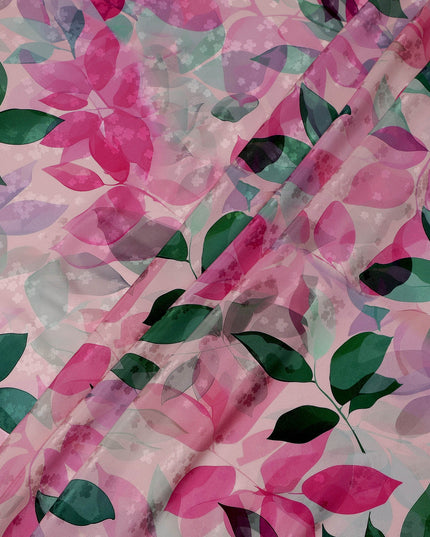 Pink and Green Leaf Print Pure Silk Satin Fabric, 140 cm Width, Made in Italy -D21156