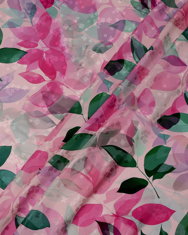 Pink and Green Leaf Print Pure Silk Satin Fabric, 140 cm Width, Made in Italy -D21156