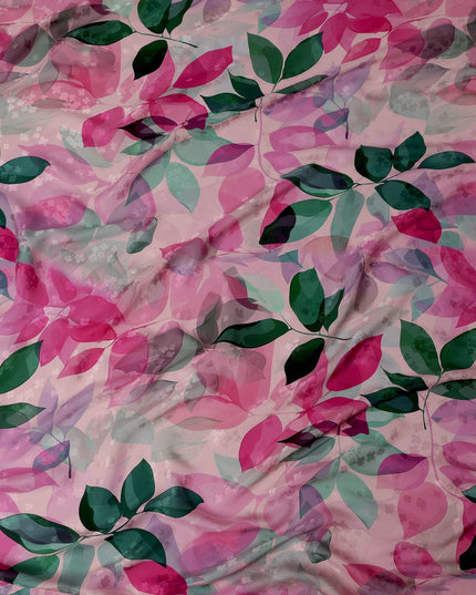 Pink and Green Leaf Print Pure Silk Satin Fabric, 140 cm Width, Made in Italy -D21156