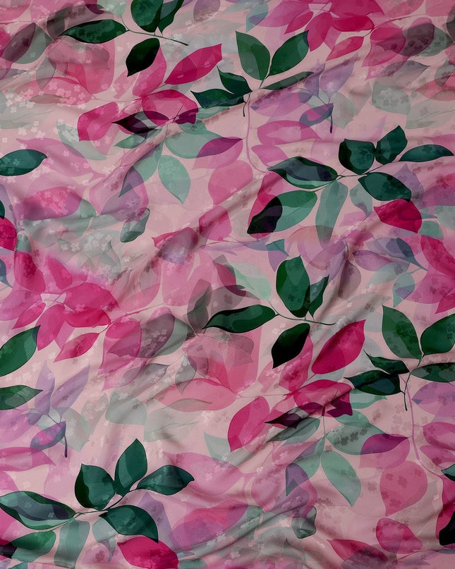 Pink and Green Leaf Print Pure Silk Satin Fabric, 140 cm Width, Made in Italy -D21156