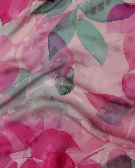 Pink and Green Leaf Print Pure Silk Satin Fabric, 140 cm Width, Made in Italy -D21156