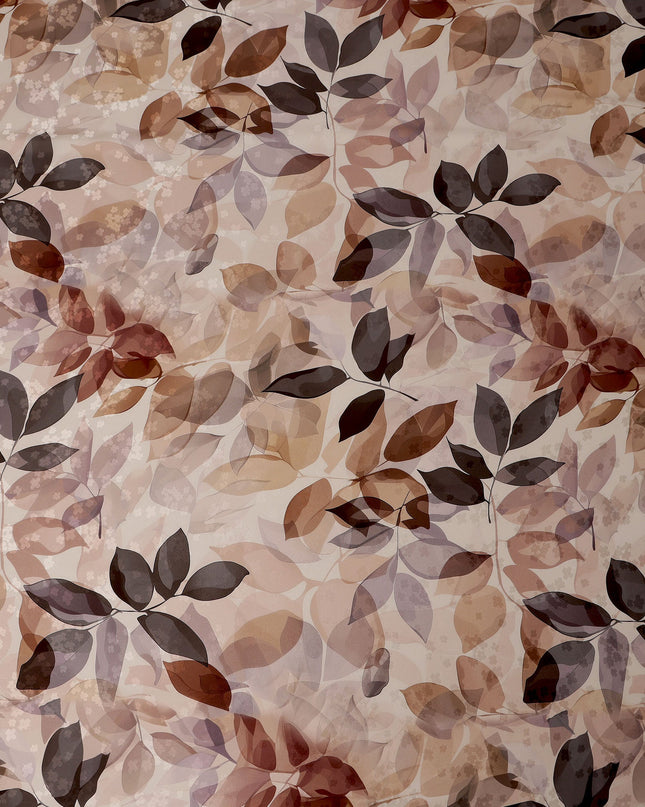 Brown and Beige Leaf Print Pure Silk Satin Fabric, 140 cm Width, Made in Italy -D21157