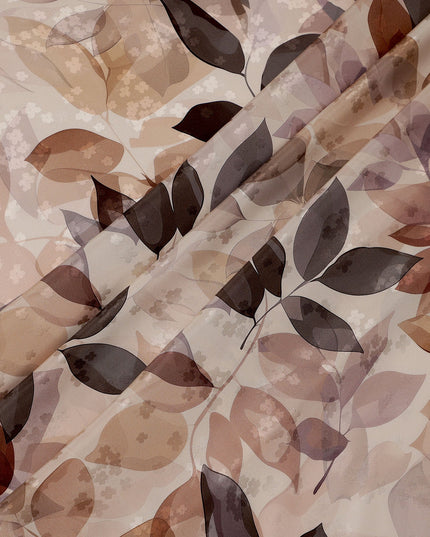 Brown and Beige Leaf Print Pure Silk Satin Fabric, 140 cm Width, Made in Italy -D21157