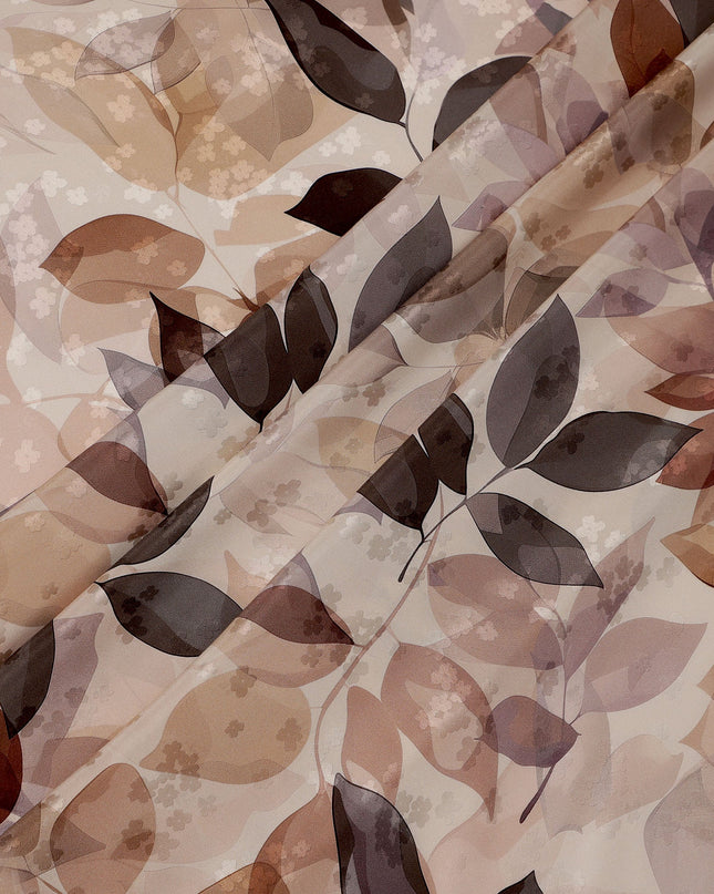 Brown and Beige Leaf Print Pure Silk Satin Fabric, 140 cm Width, Made in Italy -D21157