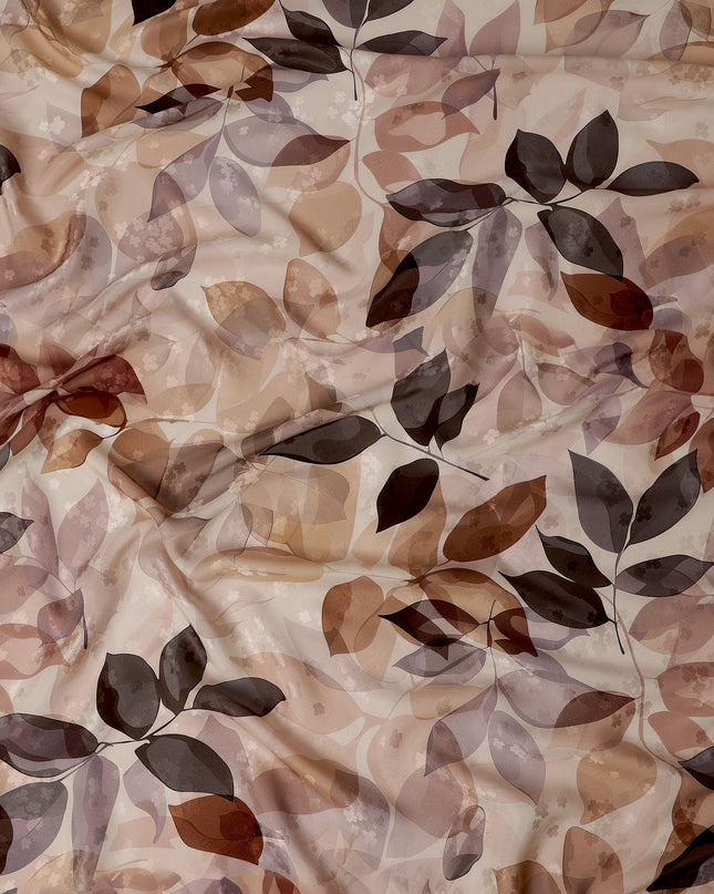 Brown and Beige Leaf Print Pure Silk Satin Fabric, 140 cm Width, Made in Italy -D21157