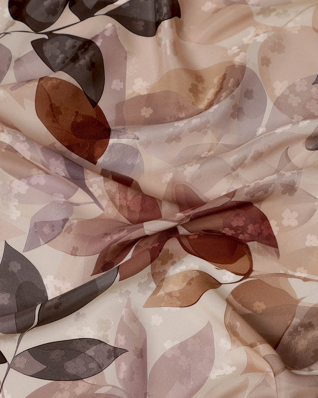 Brown and Beige Leaf Print Pure Silk Satin Fabric, 140 cm Width, Made in Italy -D21157