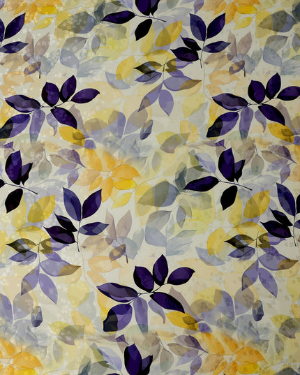 Yellow and Purple Leaf Print Pure Silk Satin Fabric, 140 cm Width, Made in Italy -D21158