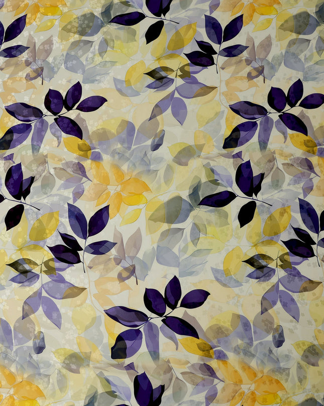 Yellow and Purple Leaf Print Pure Silk Satin Fabric, 140 cm Width, Made in Italy -D21158