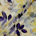Yellow and Purple Leaf Print Pure Silk Satin Fabric, 140 cm Width, Made in Italy -D21158
