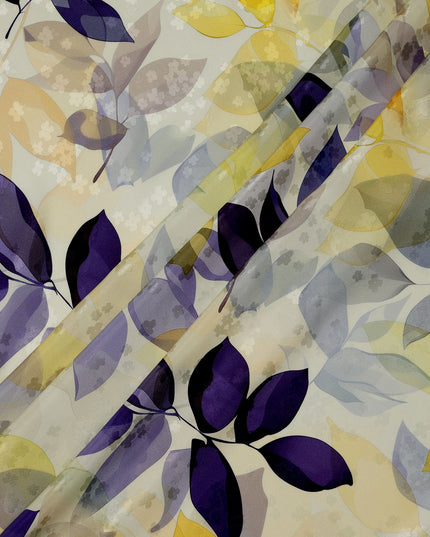 Yellow and Purple Leaf Print Pure Silk Satin Fabric, 140 cm Width, Made in Italy -D21158