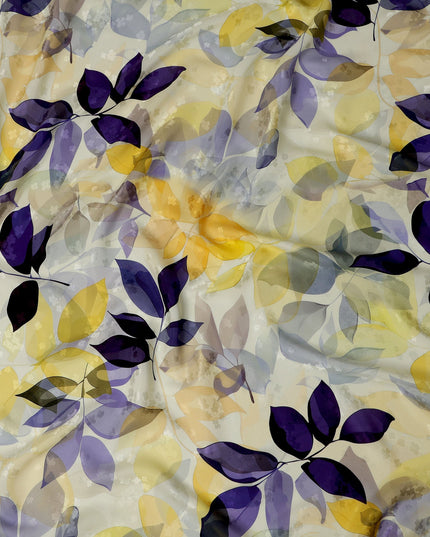 Yellow and Purple Leaf Print Pure Silk Satin Fabric, 140 cm Width, Made in Italy -D21158