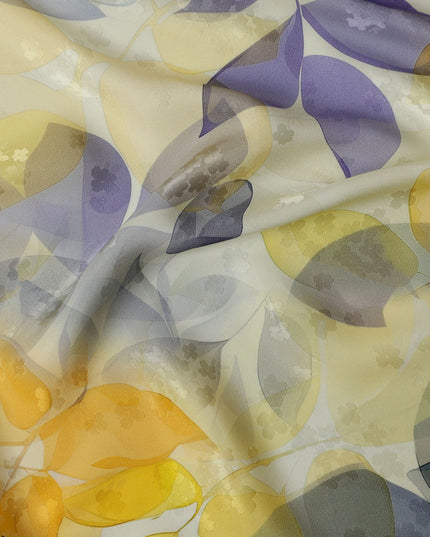 Yellow and Purple Leaf Print Pure Silk Satin Fabric, 140 cm Width, Made in Italy -D21158