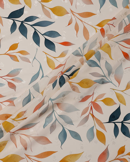 Teal and Mustard Leaf Print Pure Silk Satin Fabric, 140 cm Width, Made in Italy -D21159