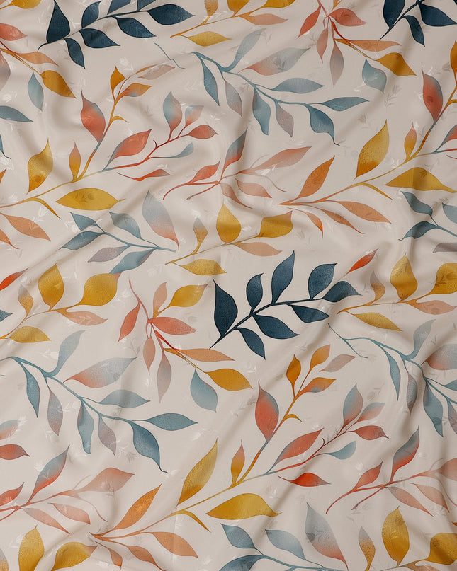 Teal and Mustard Leaf Print Pure Silk Satin Fabric, 140 cm Width, Made in Italy -D21159