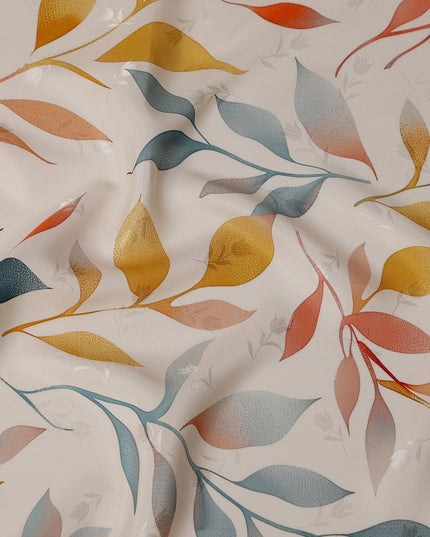 Teal and Mustard Leaf Print Pure Silk Satin Fabric, 140 cm Width, Made in Italy -D21159