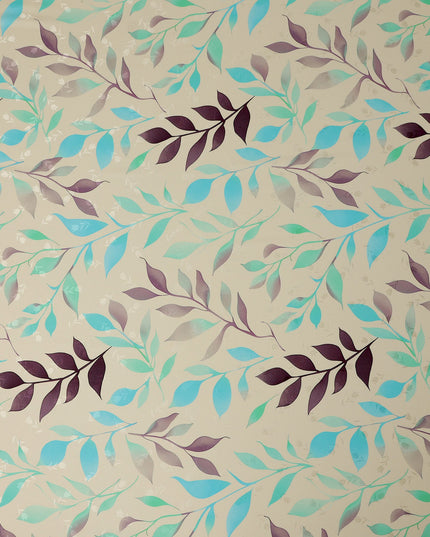 Aqua Blue and Purple Leaf Print Pure Silk Satin Fabric, 140 cm Width, Made in Italy -D21160