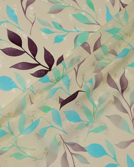 Aqua Blue and Purple Leaf Print Pure Silk Satin Fabric, 140 cm Width, Made in Italy -D21160