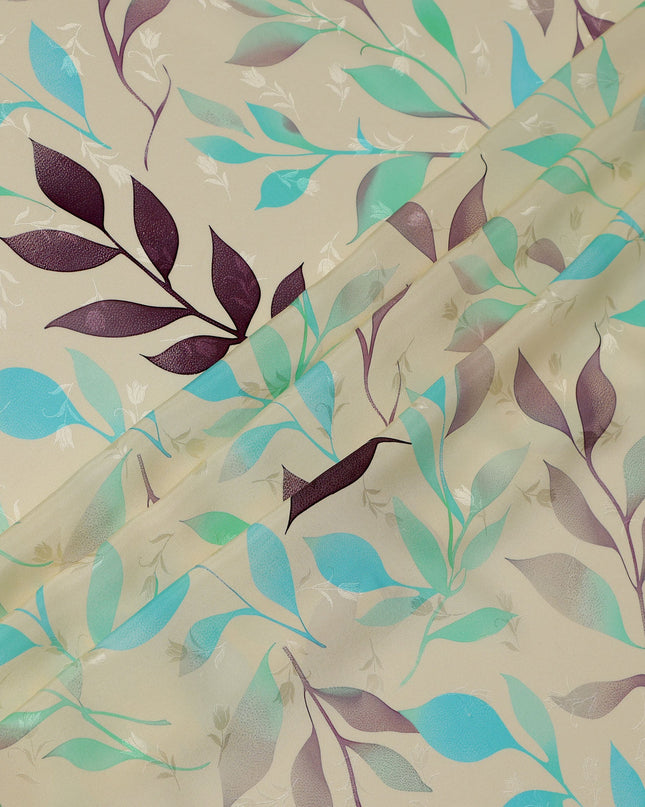 Aqua Blue and Purple Leaf Print Pure Silk Satin Fabric, 140 cm Width, Made in Italy -D21160