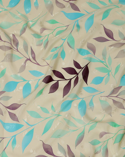 Aqua Blue and Purple Leaf Print Pure Silk Satin Fabric, 140 cm Width, Made in Italy -D21160