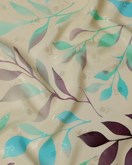 Aqua Blue and Purple Leaf Print Pure Silk Satin Fabric, 140 cm Width, Made in Italy -D21160