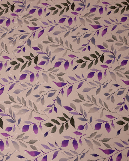 Purple and Gray Leaf Print Pure Silk Satin Fabric, 140 cm Width, Made in Italy -D21161