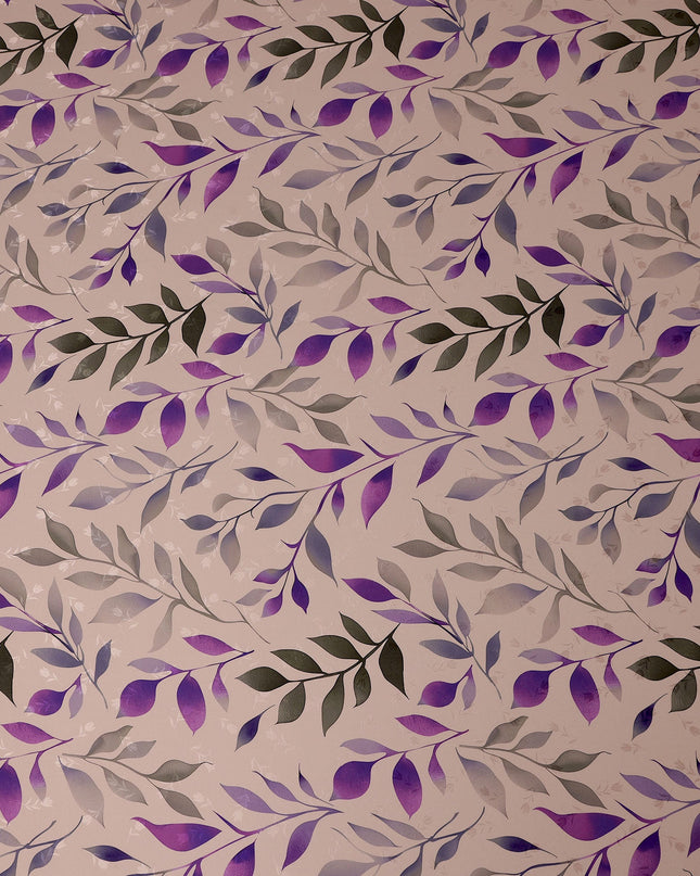 Purple and Gray Leaf Print Pure Silk Satin Fabric, 140 cm Width, Made in Italy -D21161