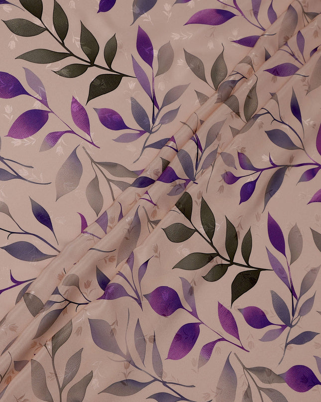 Purple and Gray Leaf Print Pure Silk Satin Fabric, 140 cm Width, Made in Italy -D21161