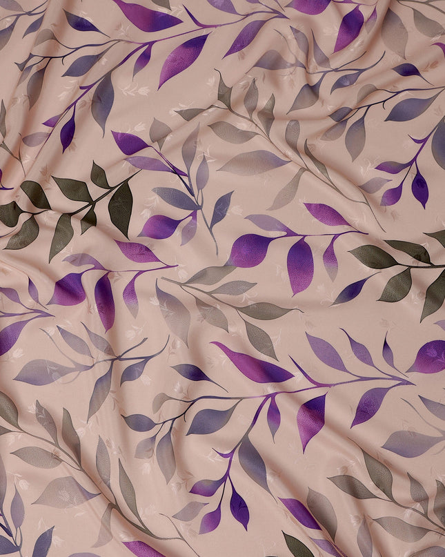 Purple and Gray Leaf Print Pure Silk Satin Fabric, 140 cm Width, Made in Italy -D21161