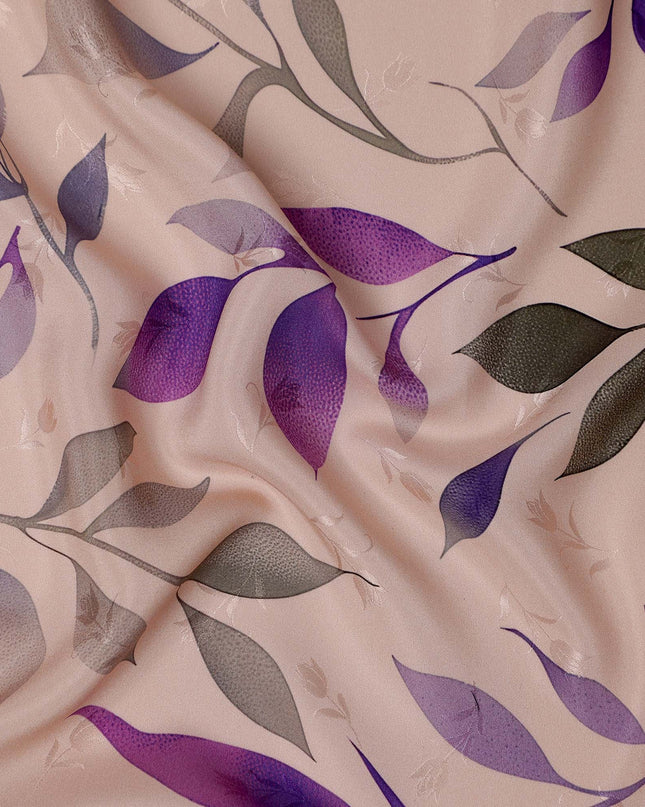 Purple and Gray Leaf Print Pure Silk Satin Fabric, 140 cm Width, Made in Italy -D21161