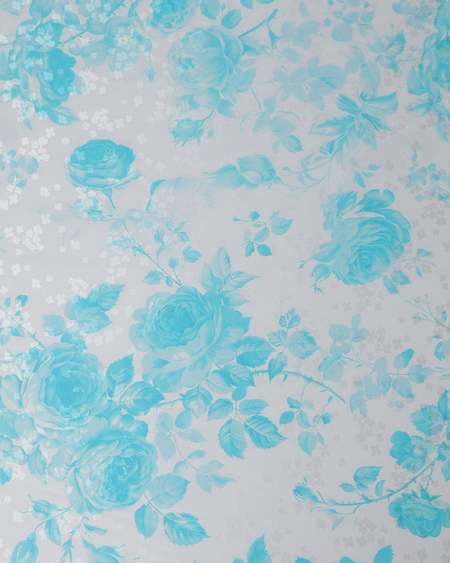 Aqua Blue Floral Print Pure Silk Satin Fabric, 140 cm Width, Made in Italy -D21164